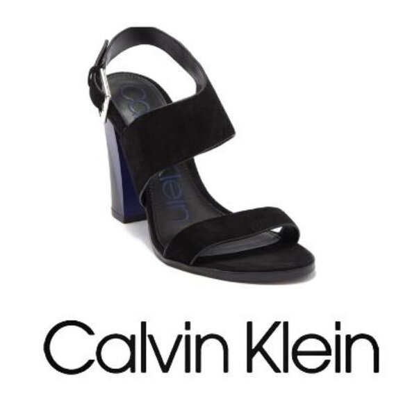 Calvin Klein Womens Black Suede Leather Block Heeled Open Toe Sandals Sz 8.5 New - Picture 11 of 12